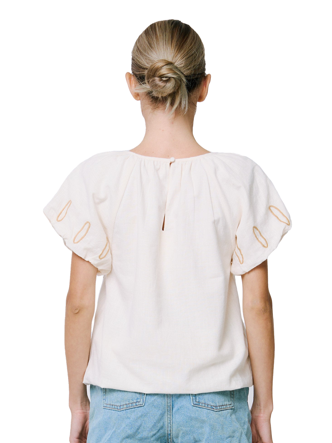 Celsey Palm Embroidered Puff Sleeve Top