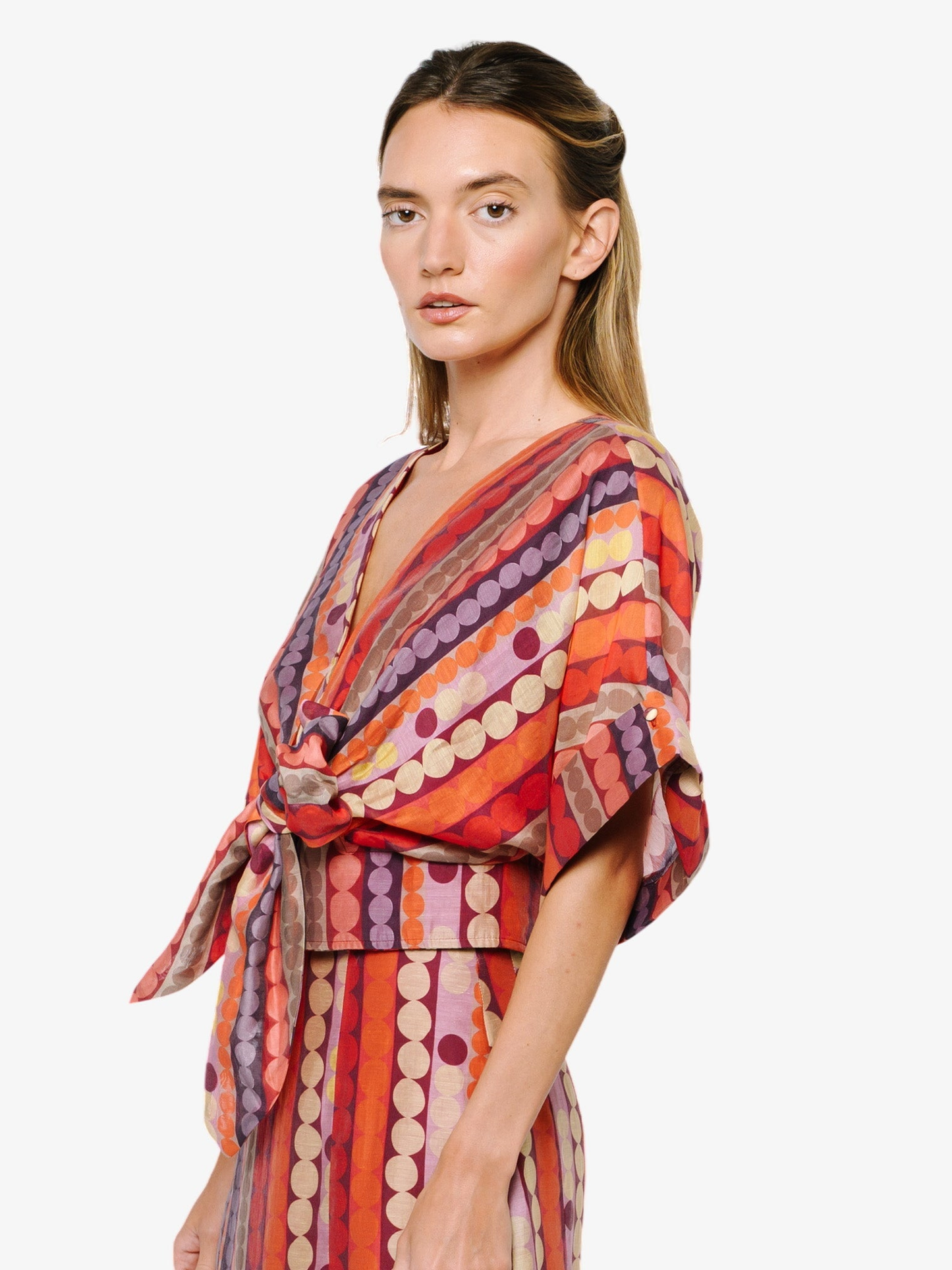 Clarisa Striped Polka Dot Tie Front Top