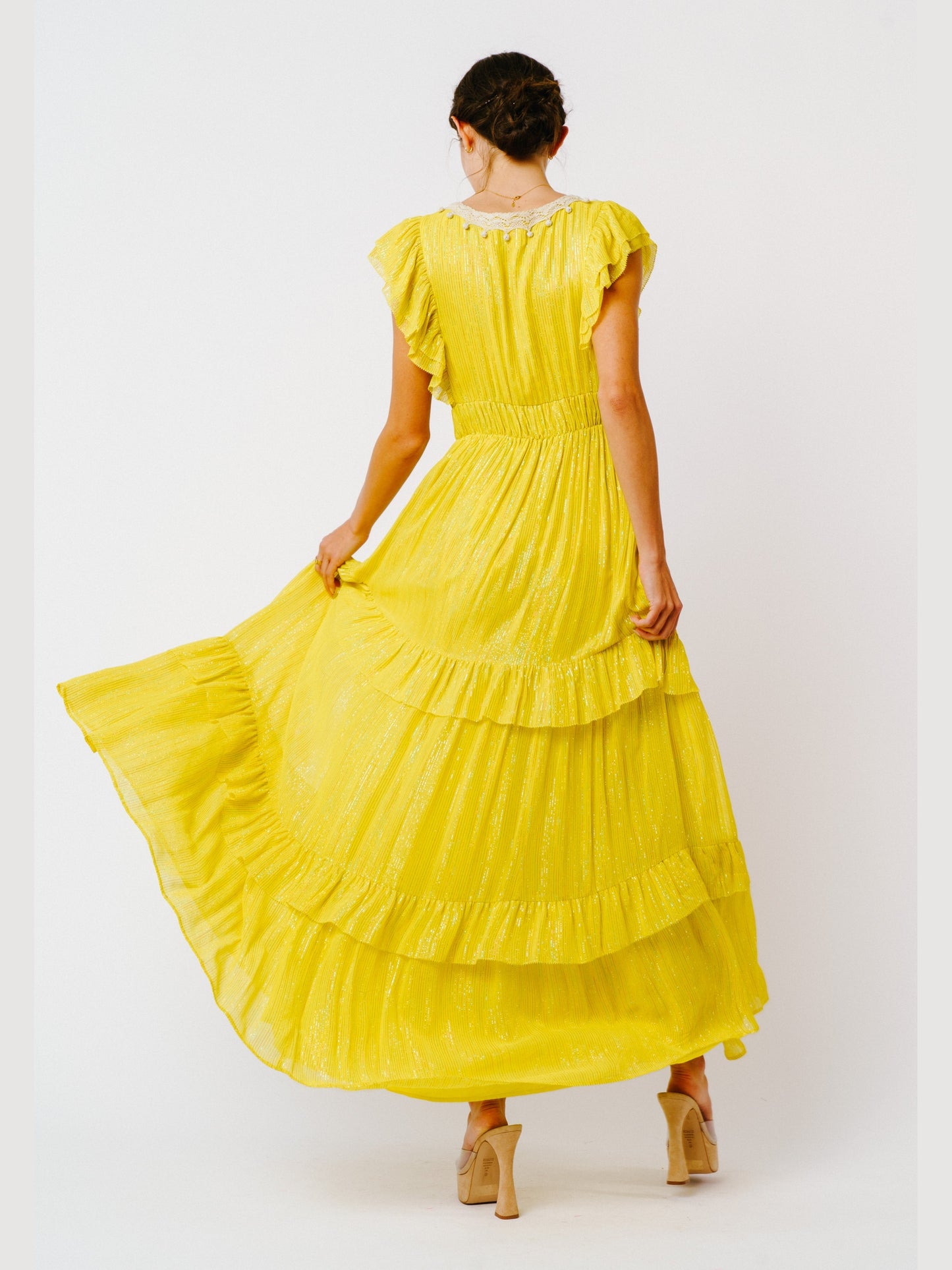 Ryva Rainbow Metallic Flutter Maxi Dress