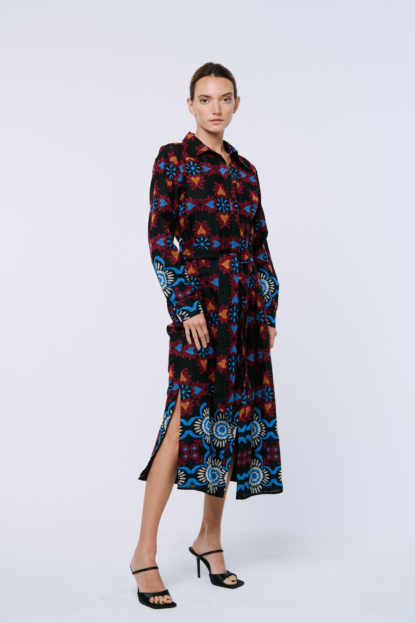 Serena Embroidered Long Sleeve Maxi Shirt Dress