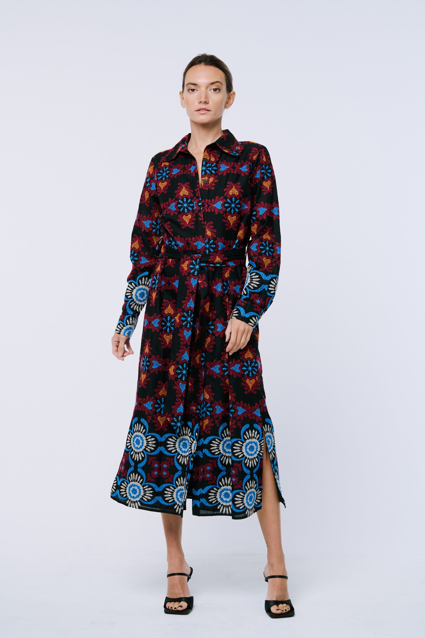 Serena Embroidered Long Sleeve Maxi Shirt Dress