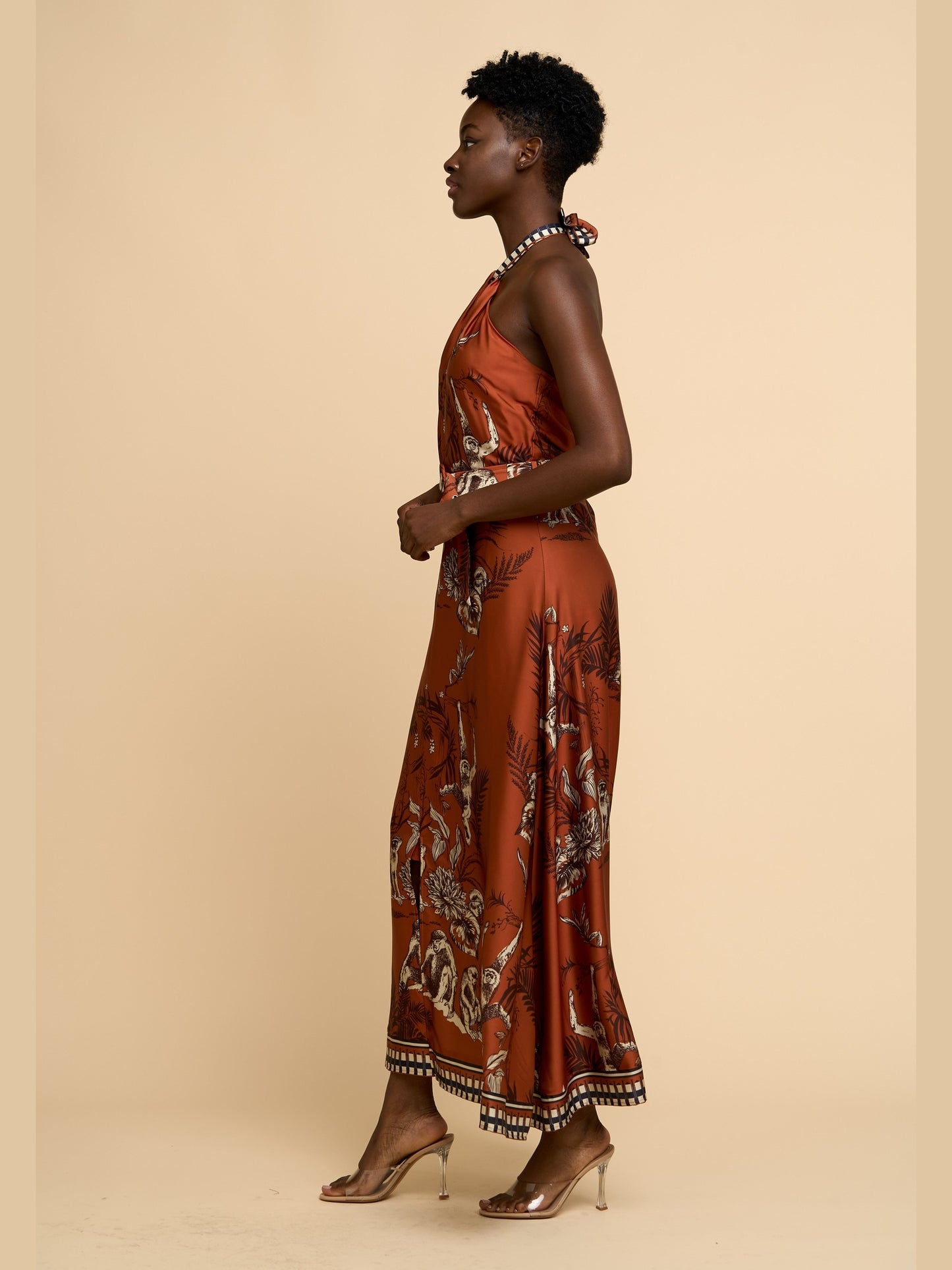 Courtney Animal Print Halter Neck Satin Maxi Dress