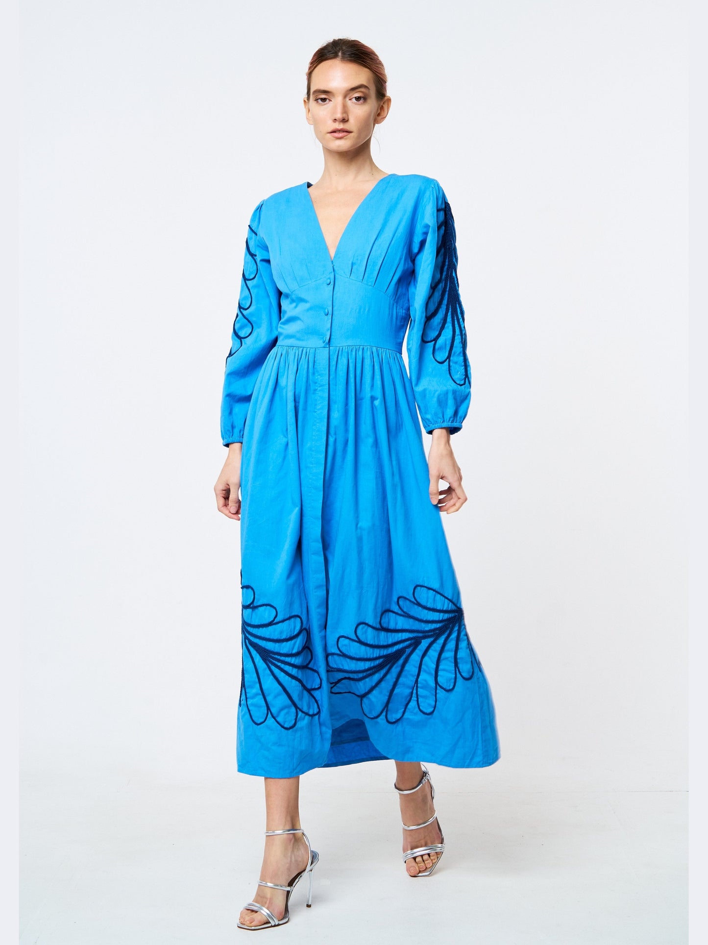 Oyena Embroidered Long Sleeve Midi Dress