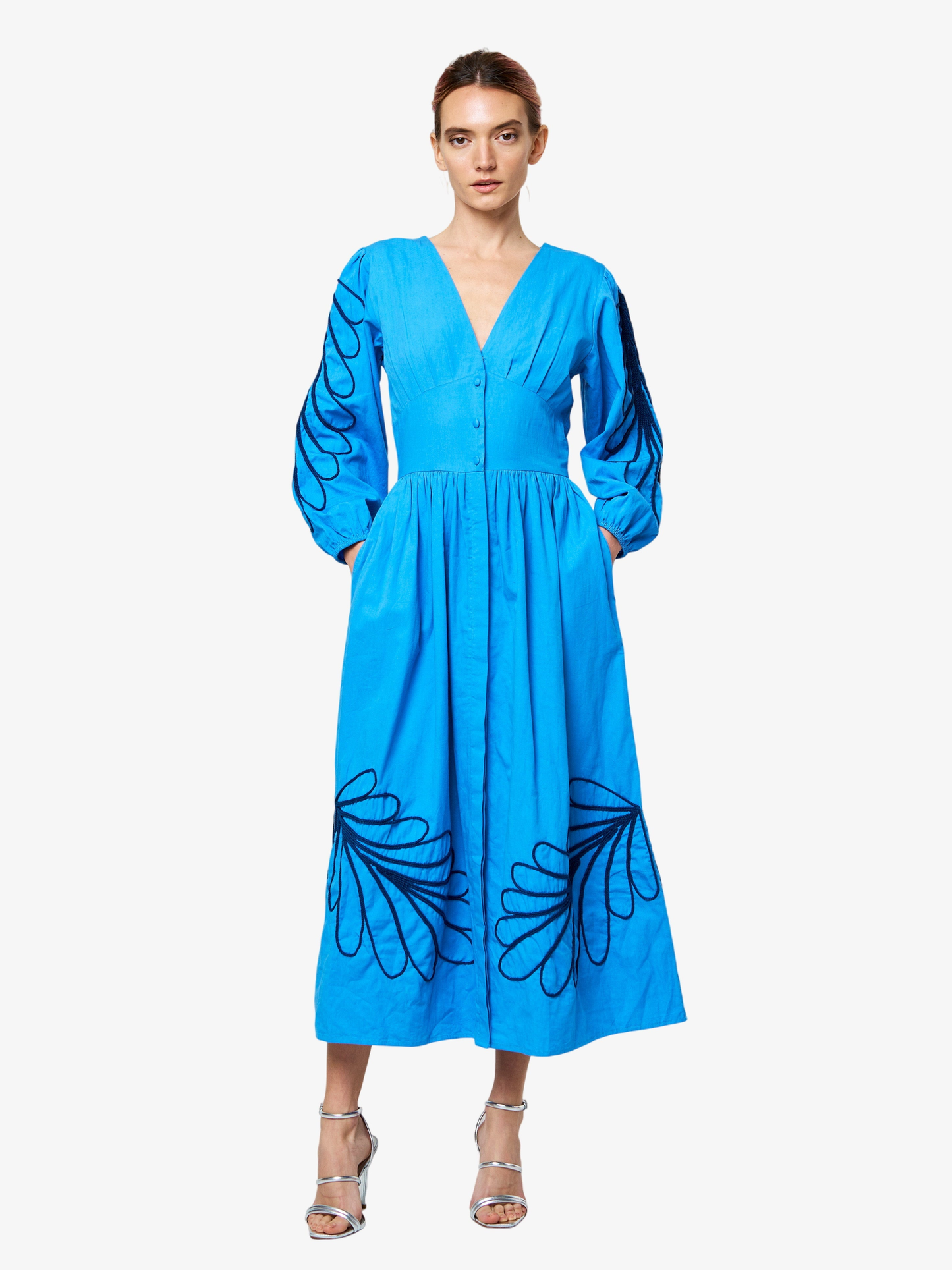 Oyena Embroidered Long Sleeve Midi Dress