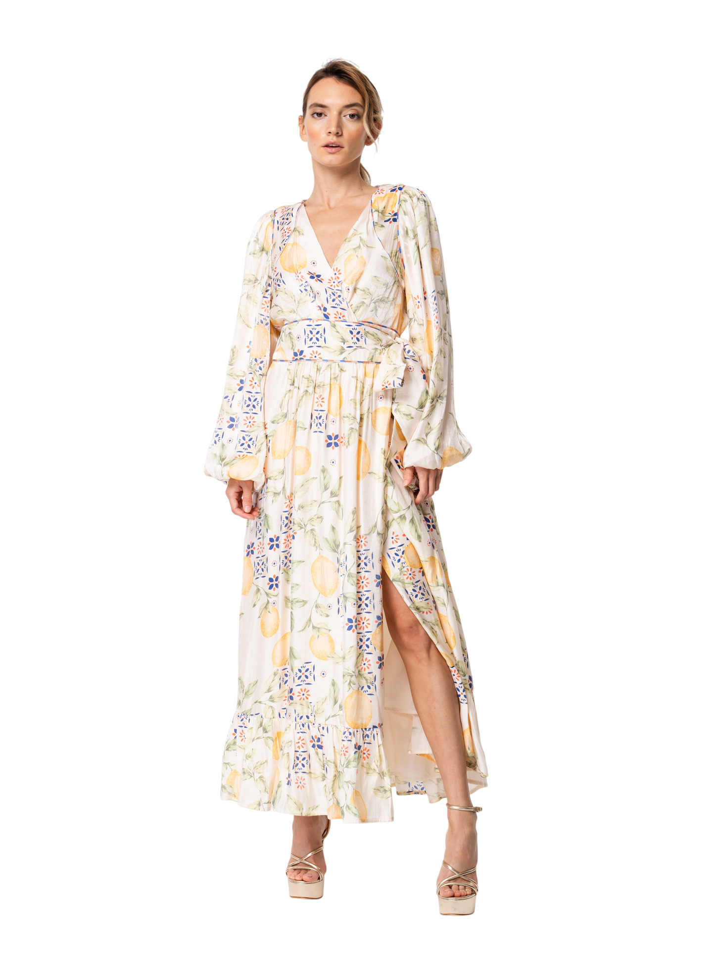 Willow Lemon Print Maxi Wrap Dress