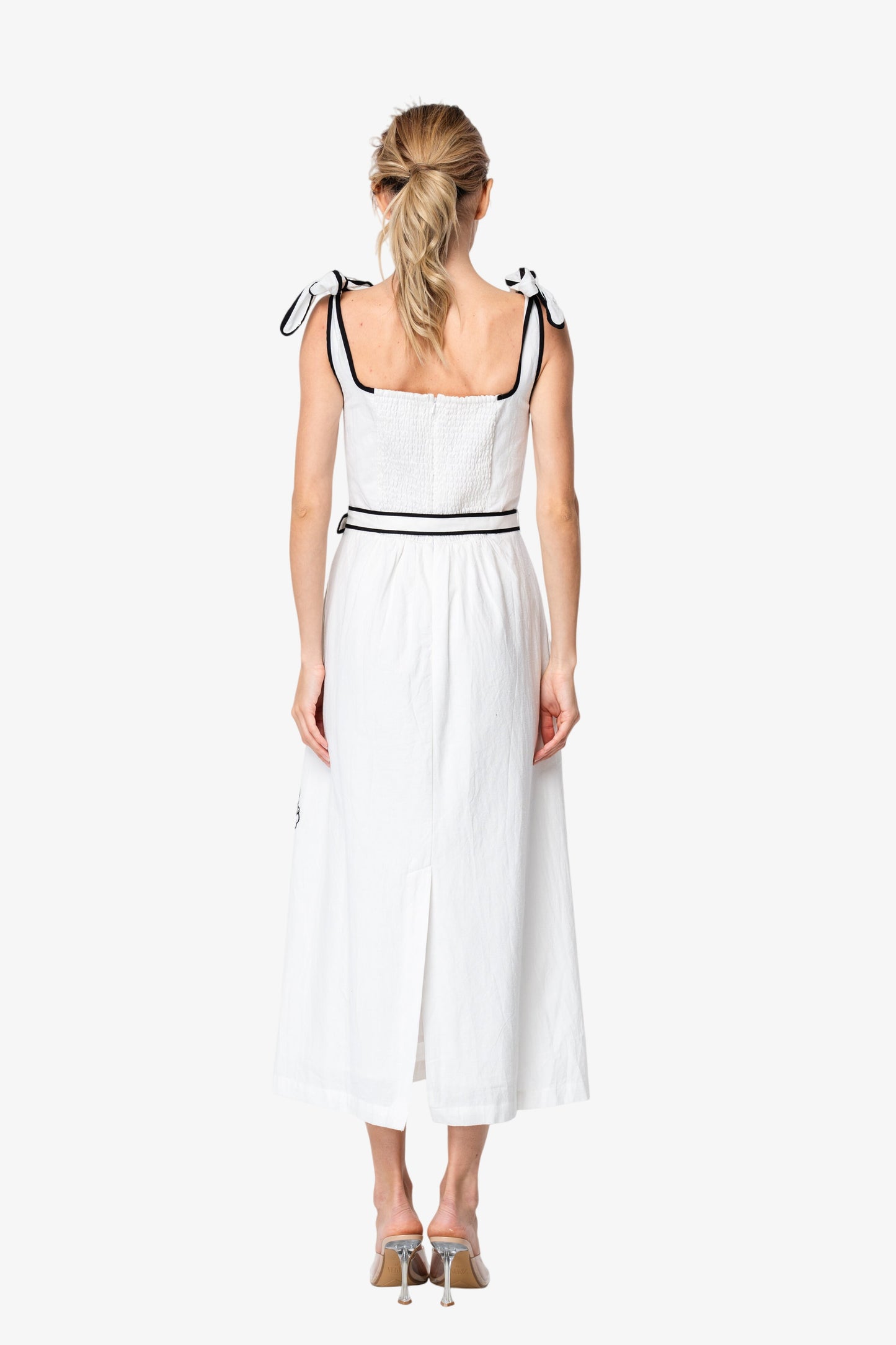 Paola Embroidered Shoulder Tie Midi Dress
