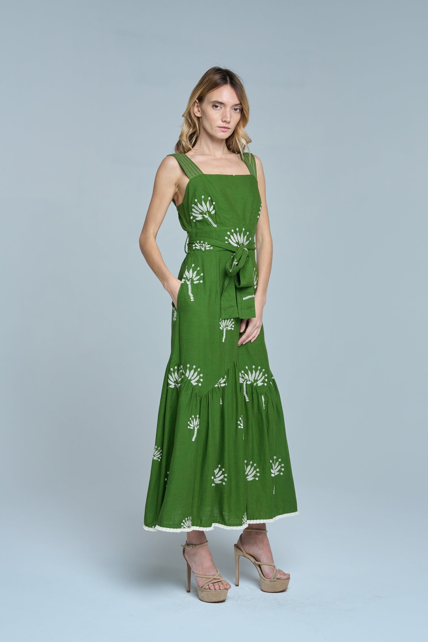 Sadira Palm Embroidered Midi Dress