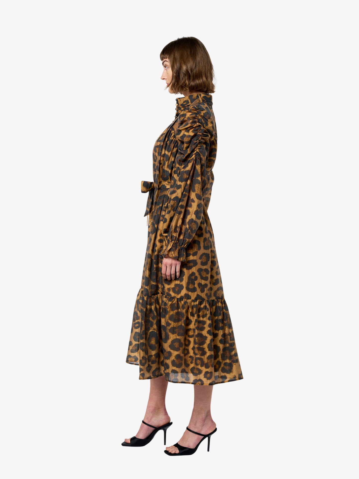 Daphne Ruched Sleeve Animal Print Midi Dress