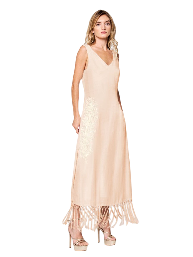 Serita Beaded Feather Fringe Midi Dress