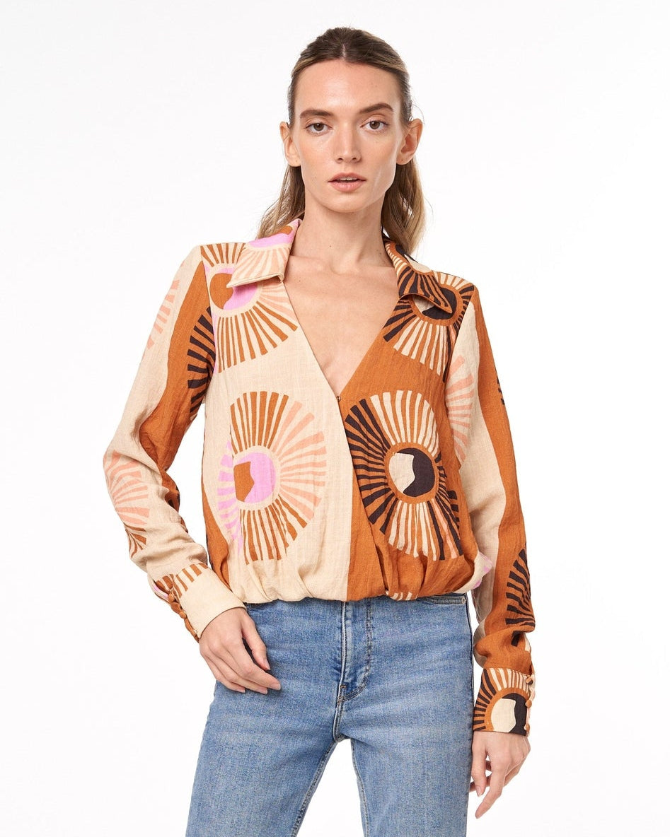 Stacia Printed Surplice Long Sleeve Top