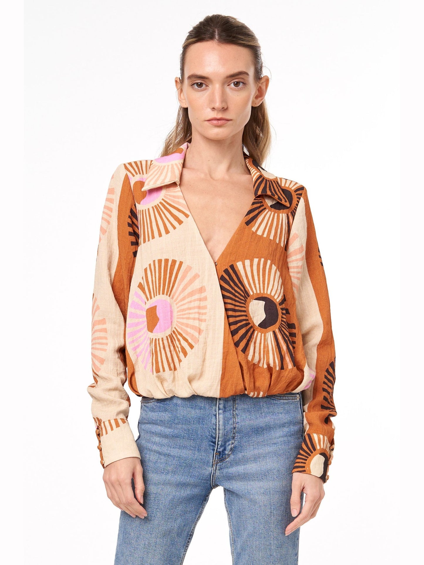 Stacia Printed Surplice Long Sleeve Top
