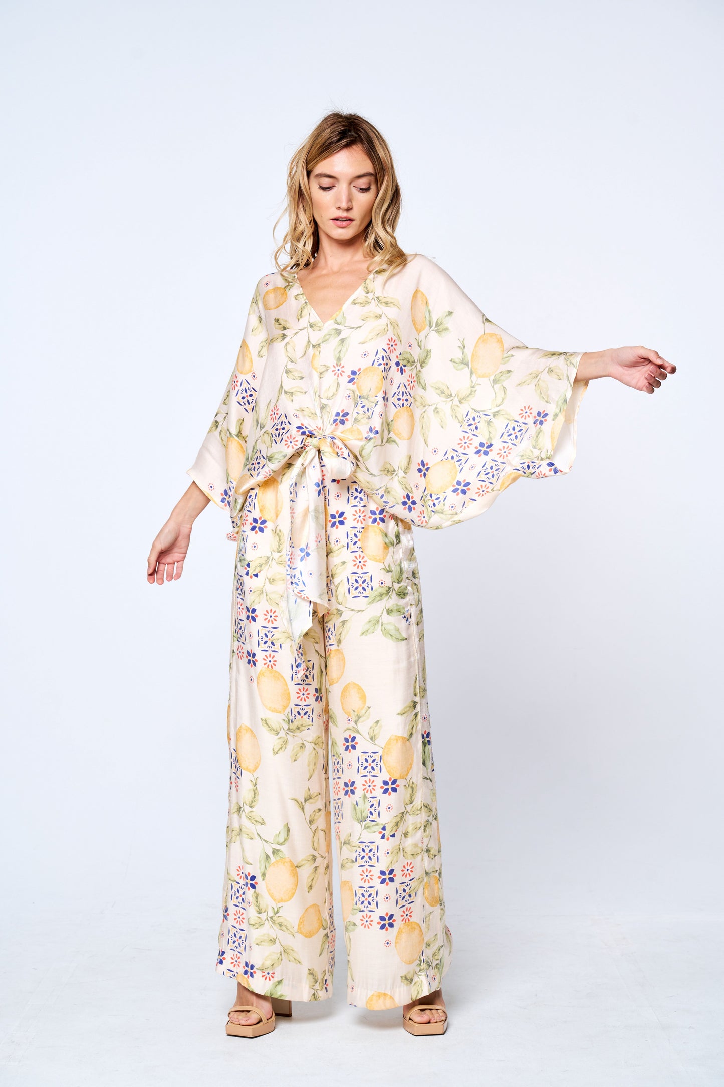 Anjella Lemon Print Satin Pants