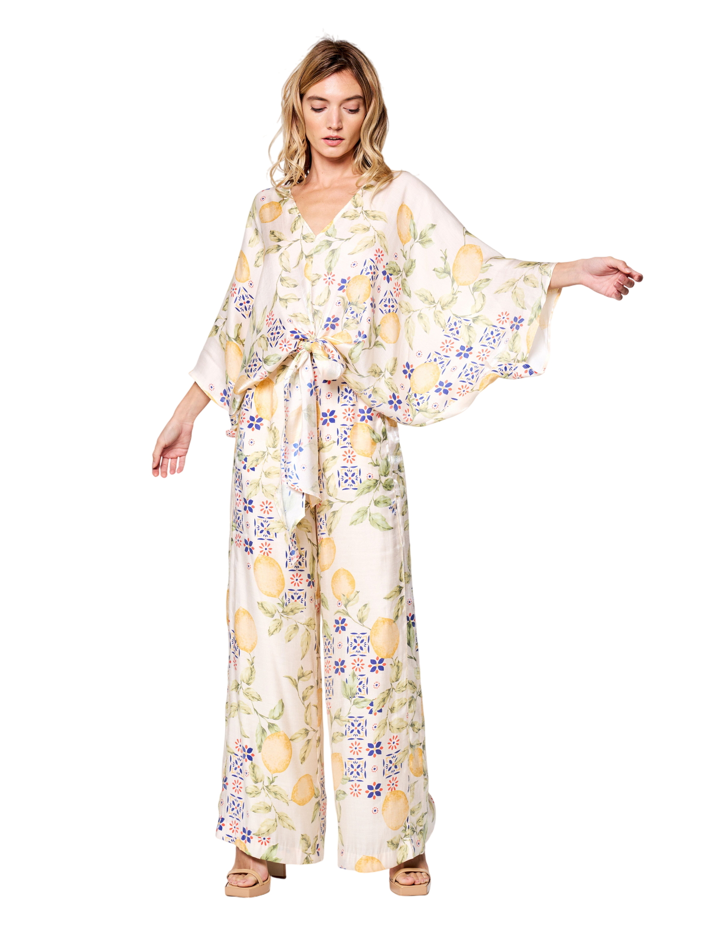 Felicia Lemon Print Tie Front Satin Top