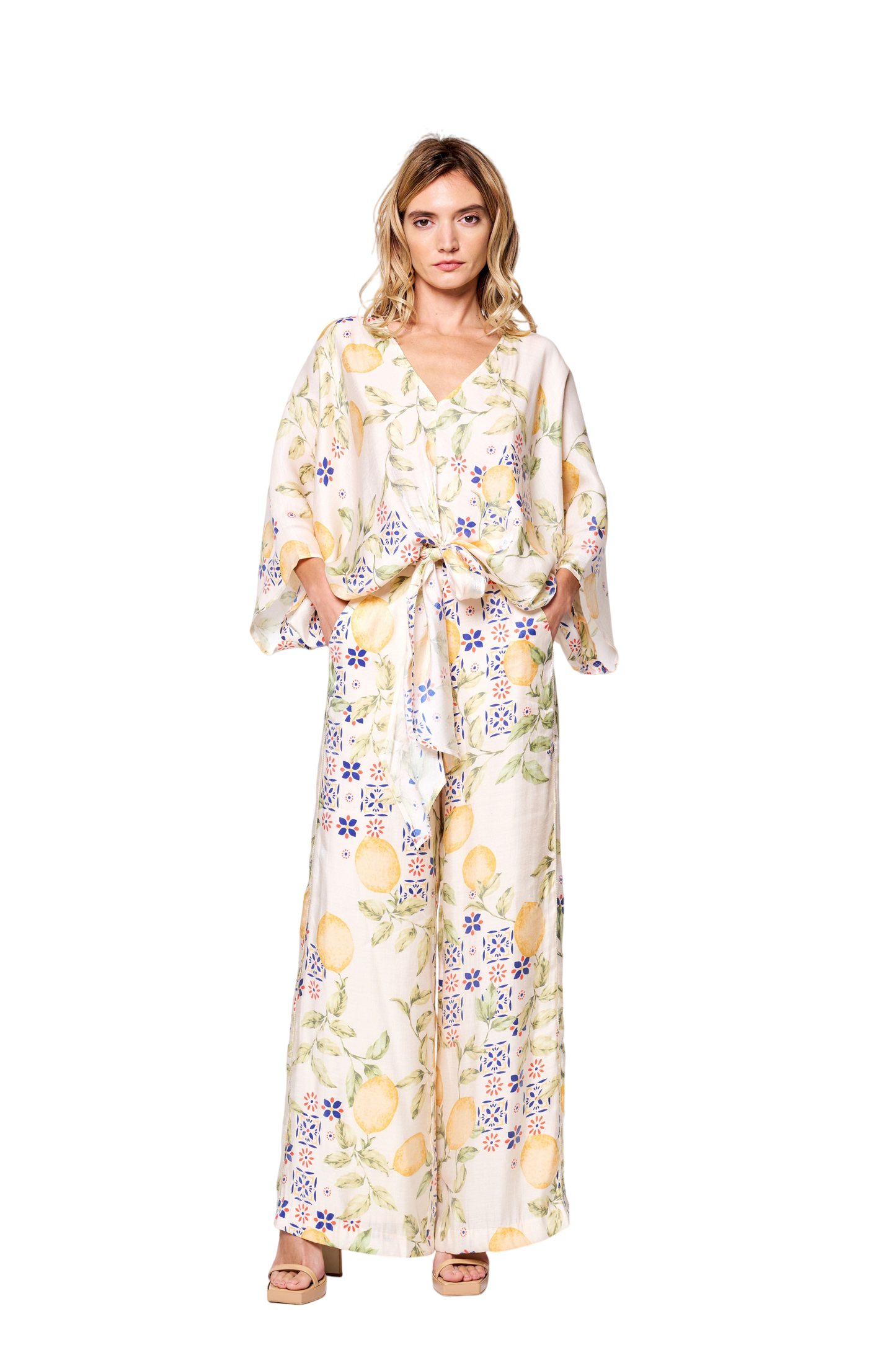 Felicia Lemon Print Tie Front Satin Top