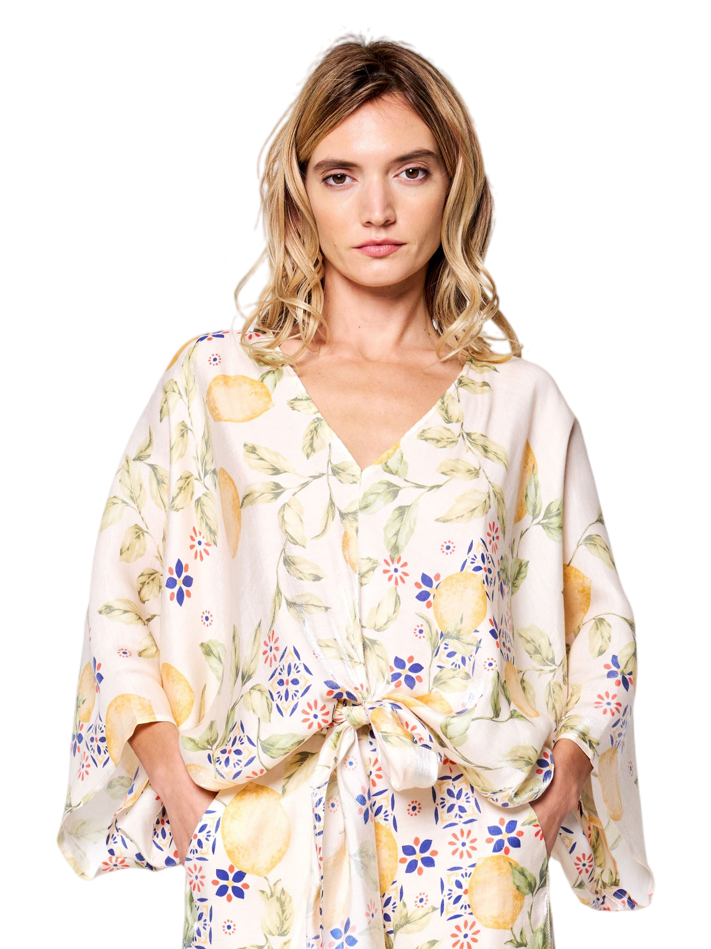 Felicia Lemon Print Tie Front Satin Top