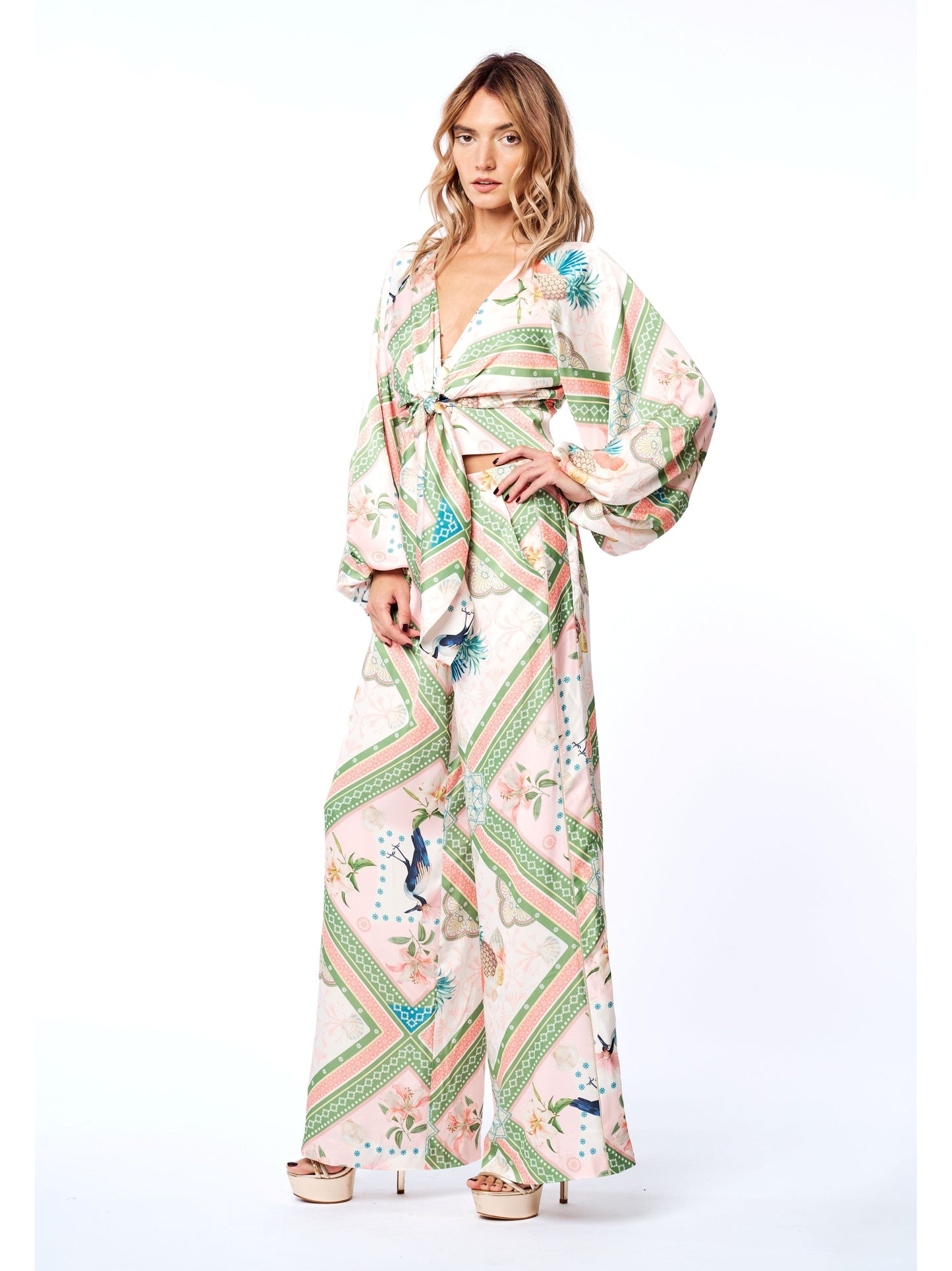 Anjella Botanical Print Wide Leg Pants