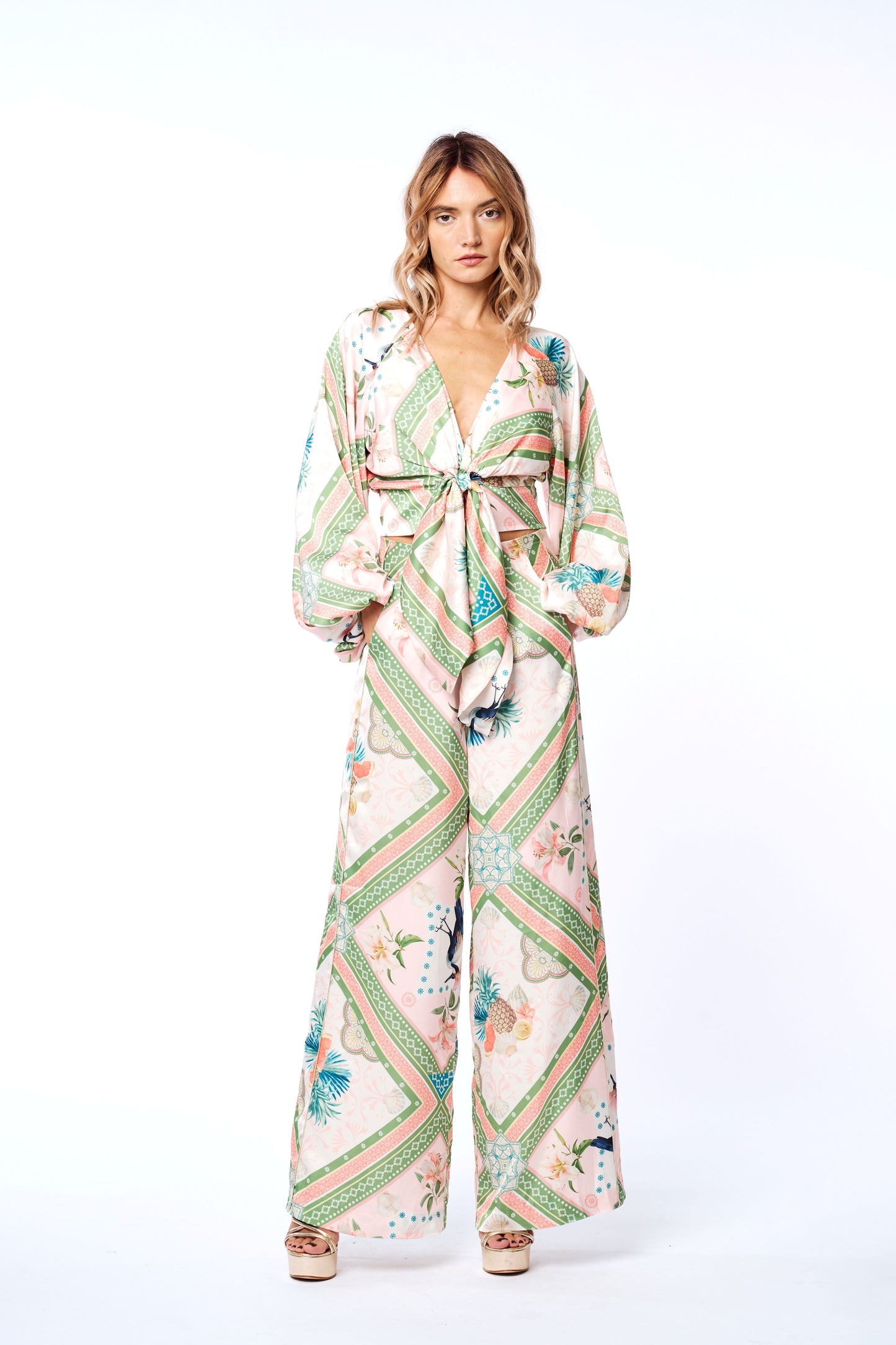 Anjella Botanical Print Wide Leg Pants
