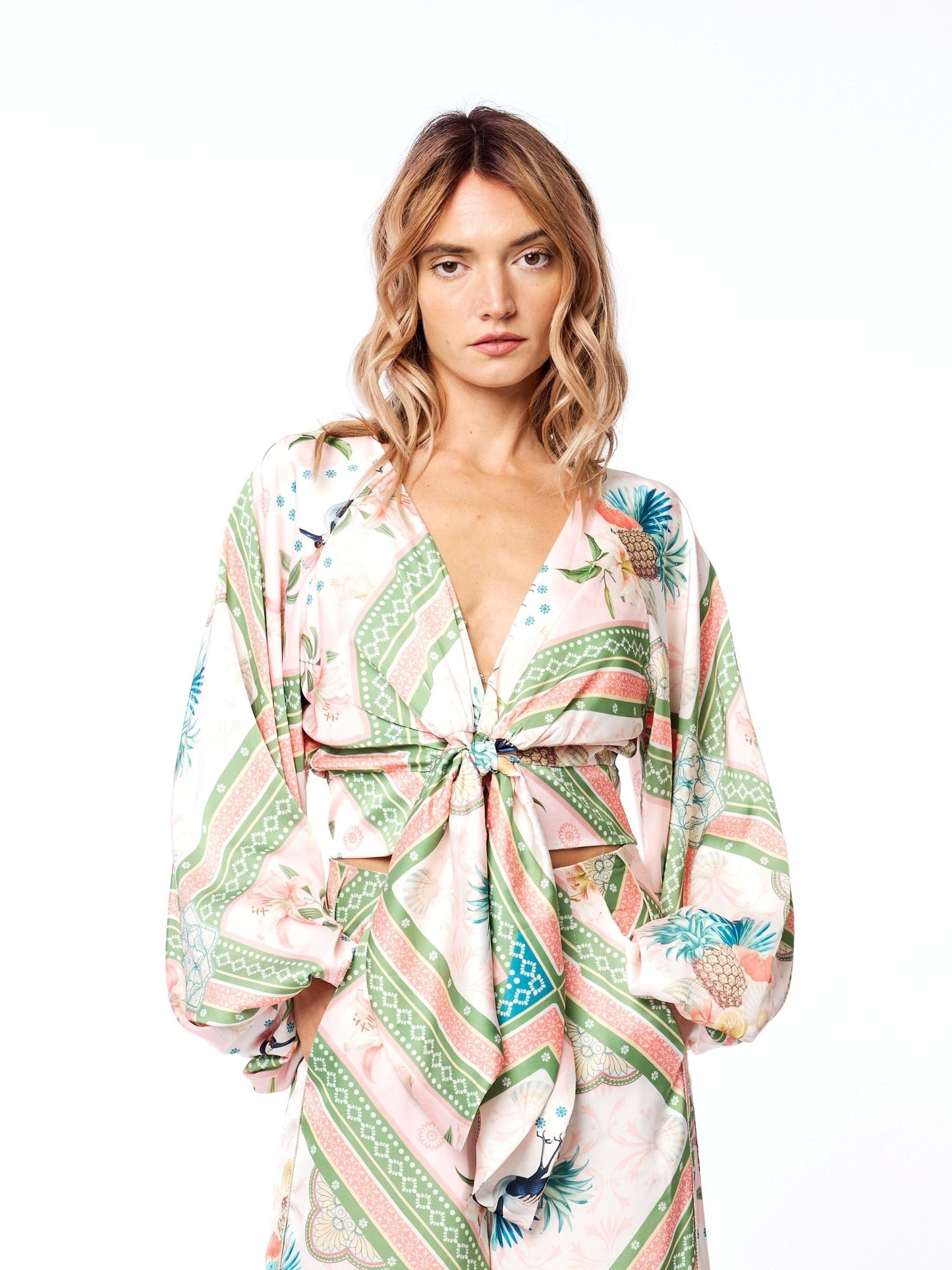 Arkya Botanical Print Long Sleeve Tie-Front Top