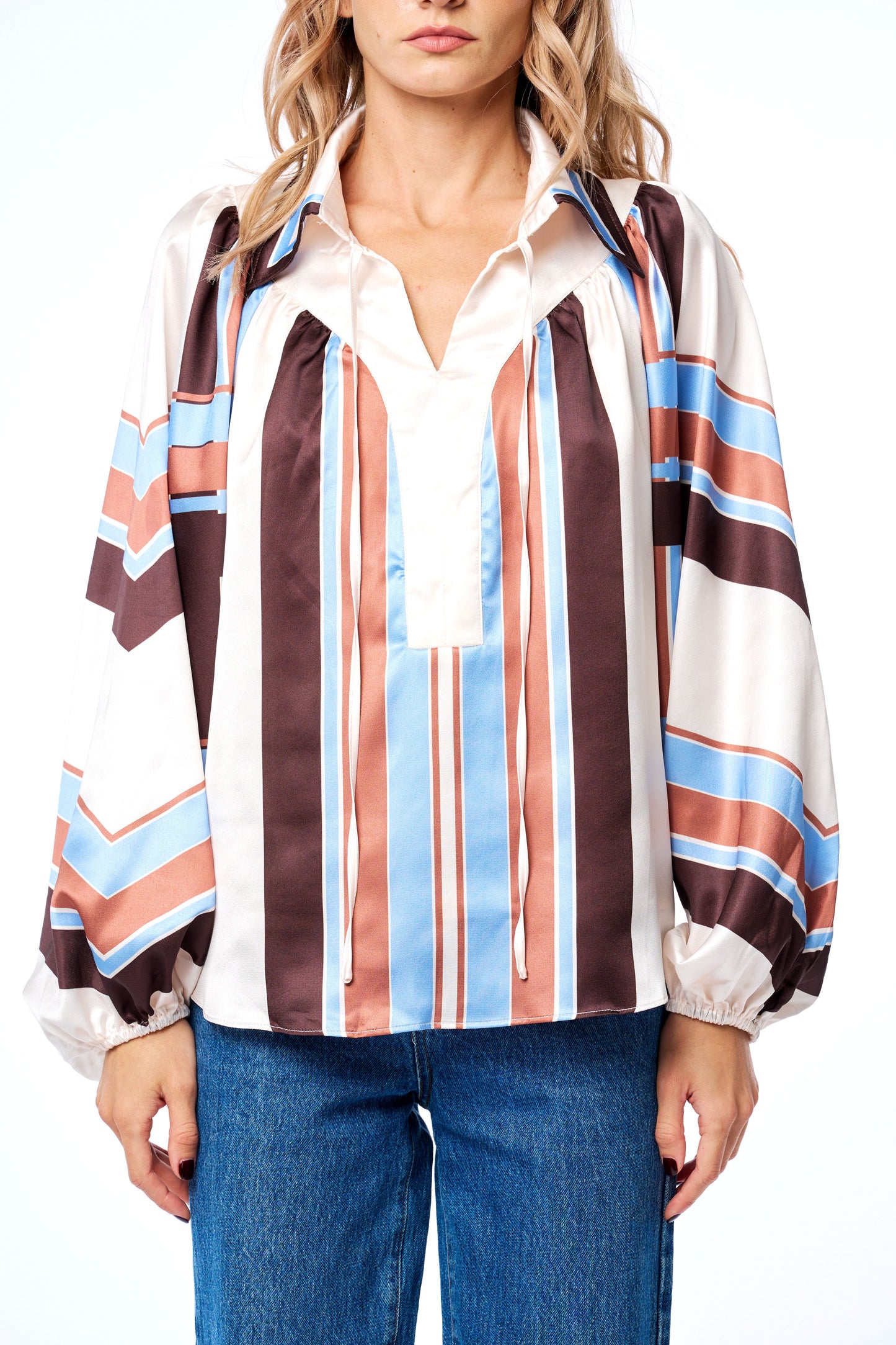 Nicolletta Striped Satin Long Sleeve Top