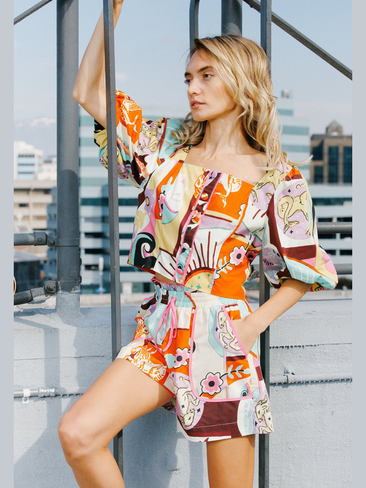 Kaiya Printed Poplin Elastic High-Waisted Shorts