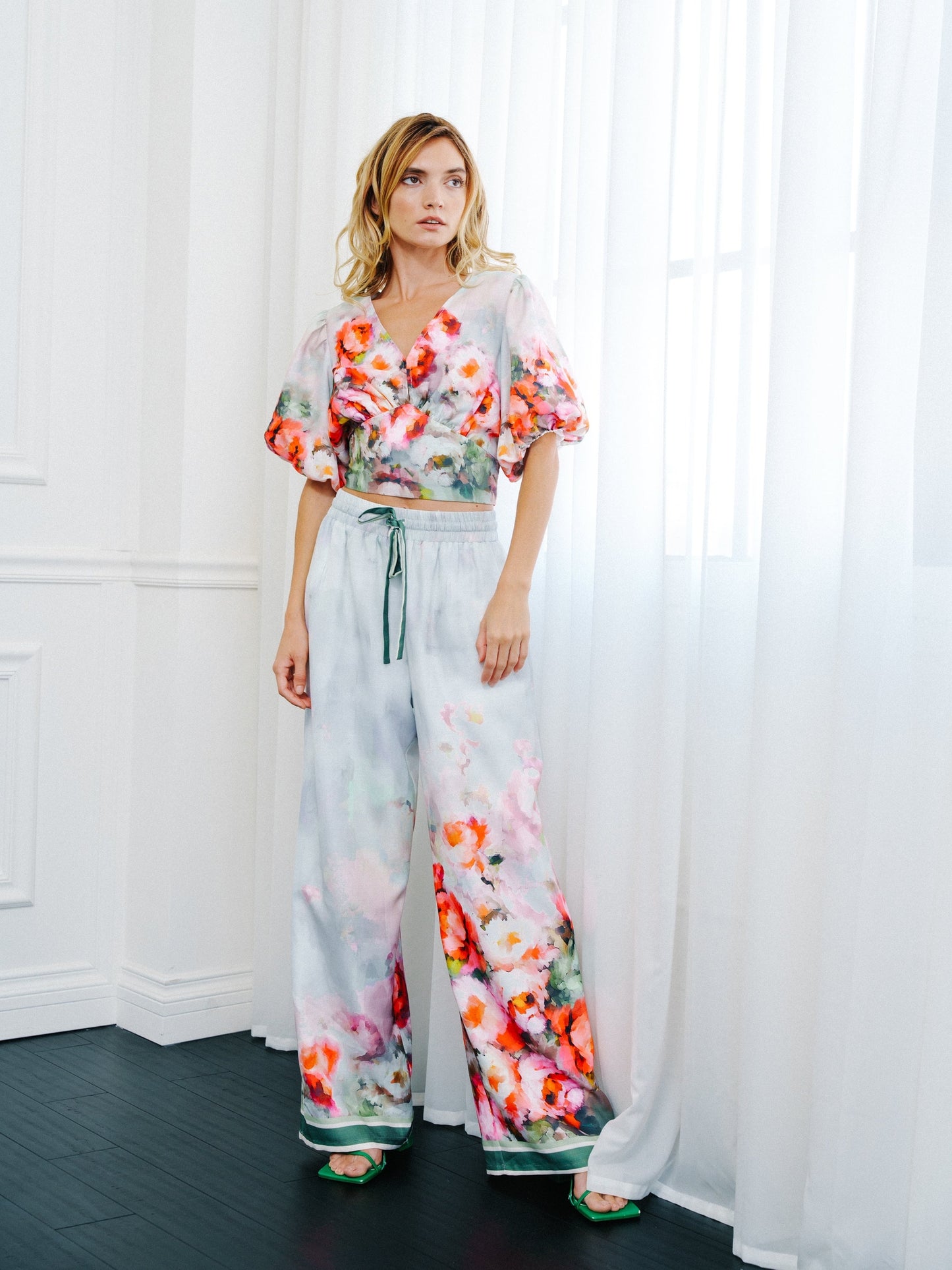Azra Floral Print Drawstring Wide Leg Pants