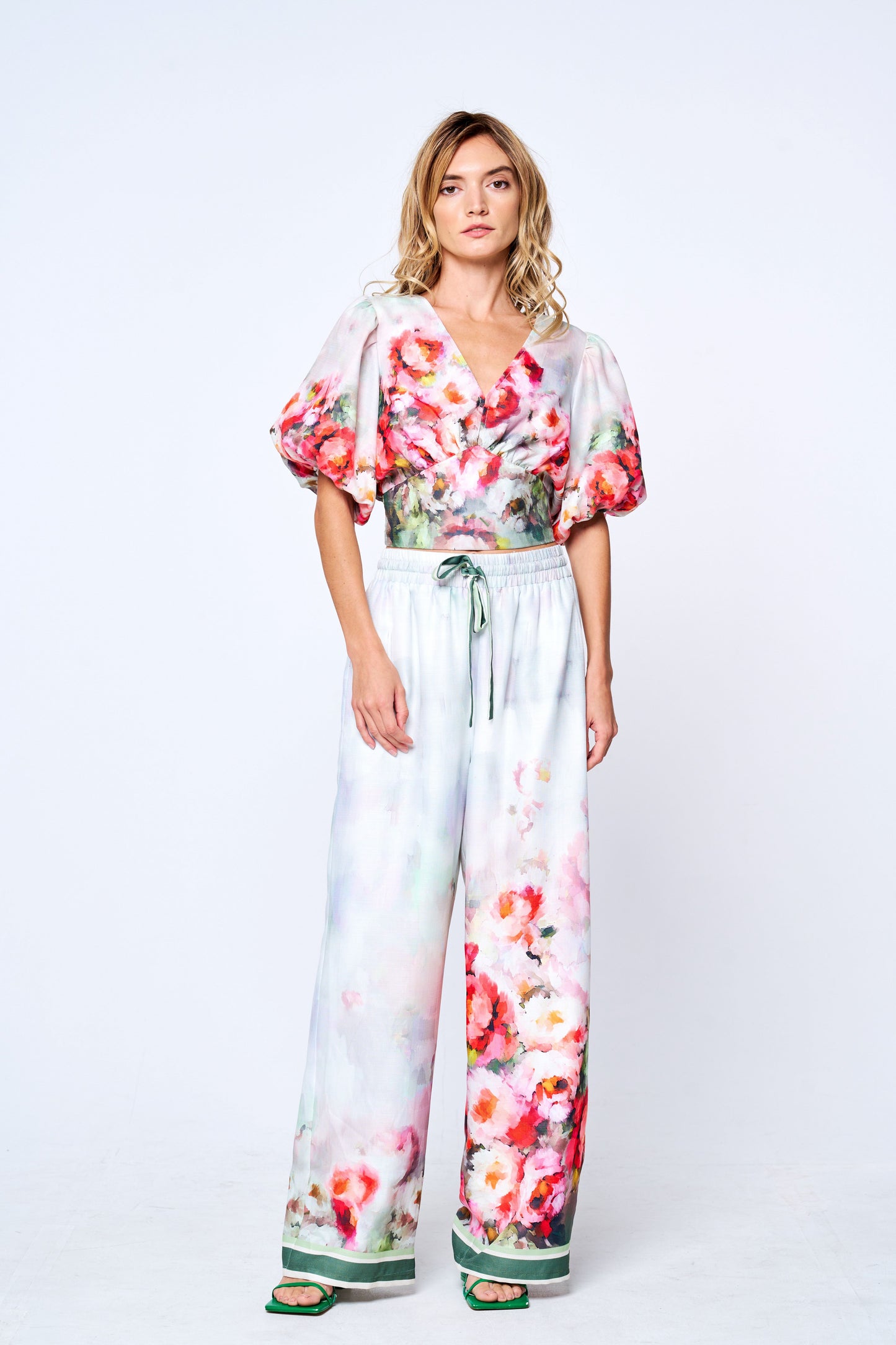 Azra Floral Print Drawstring Wide Leg Pants