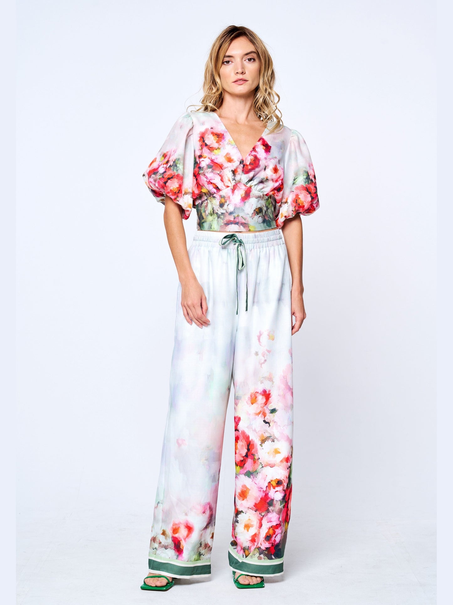 Azra Floral Print Drawstring Wide Leg Pants