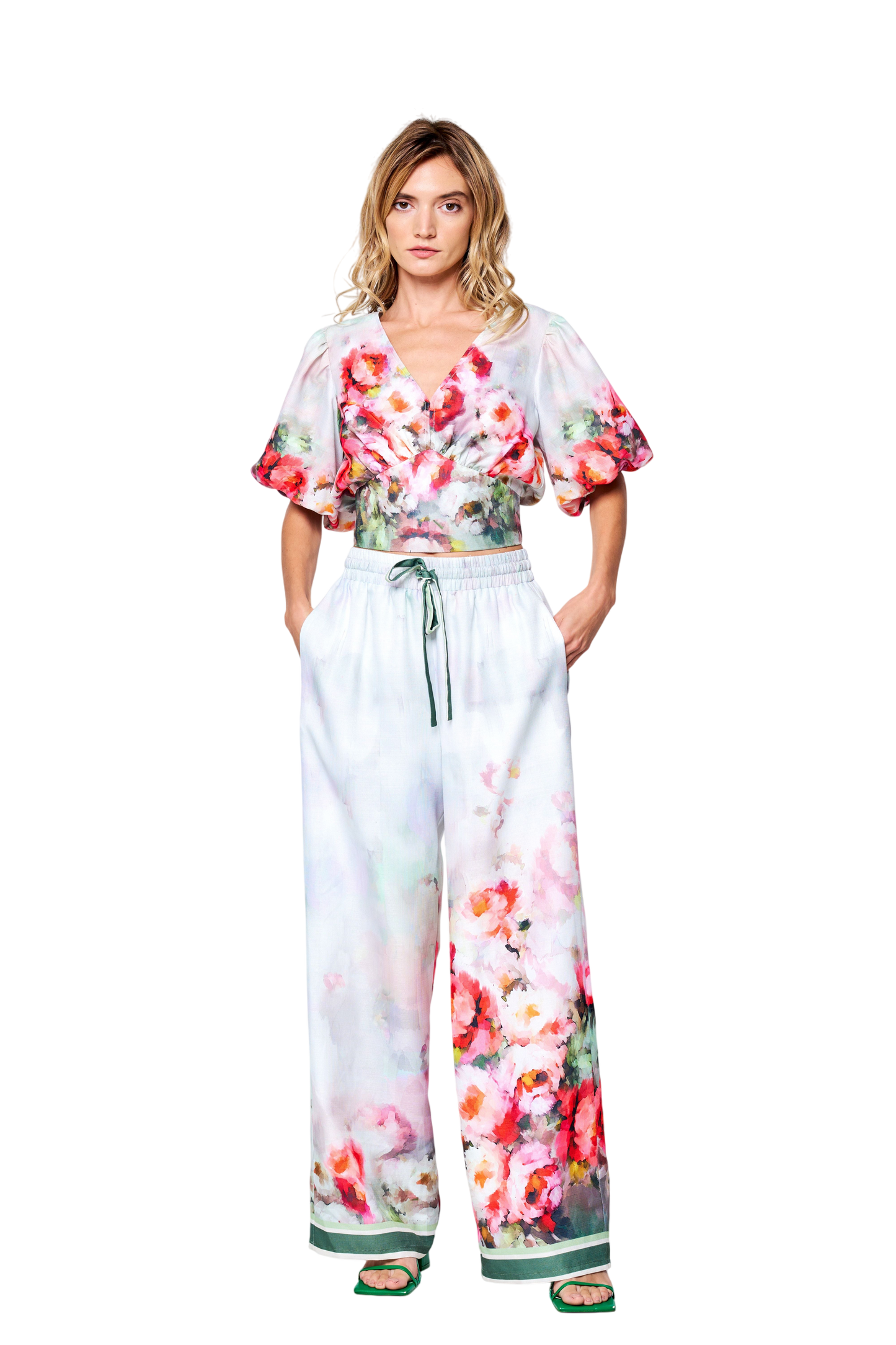 Azra Floral Print Drawstring Wide Leg Pants