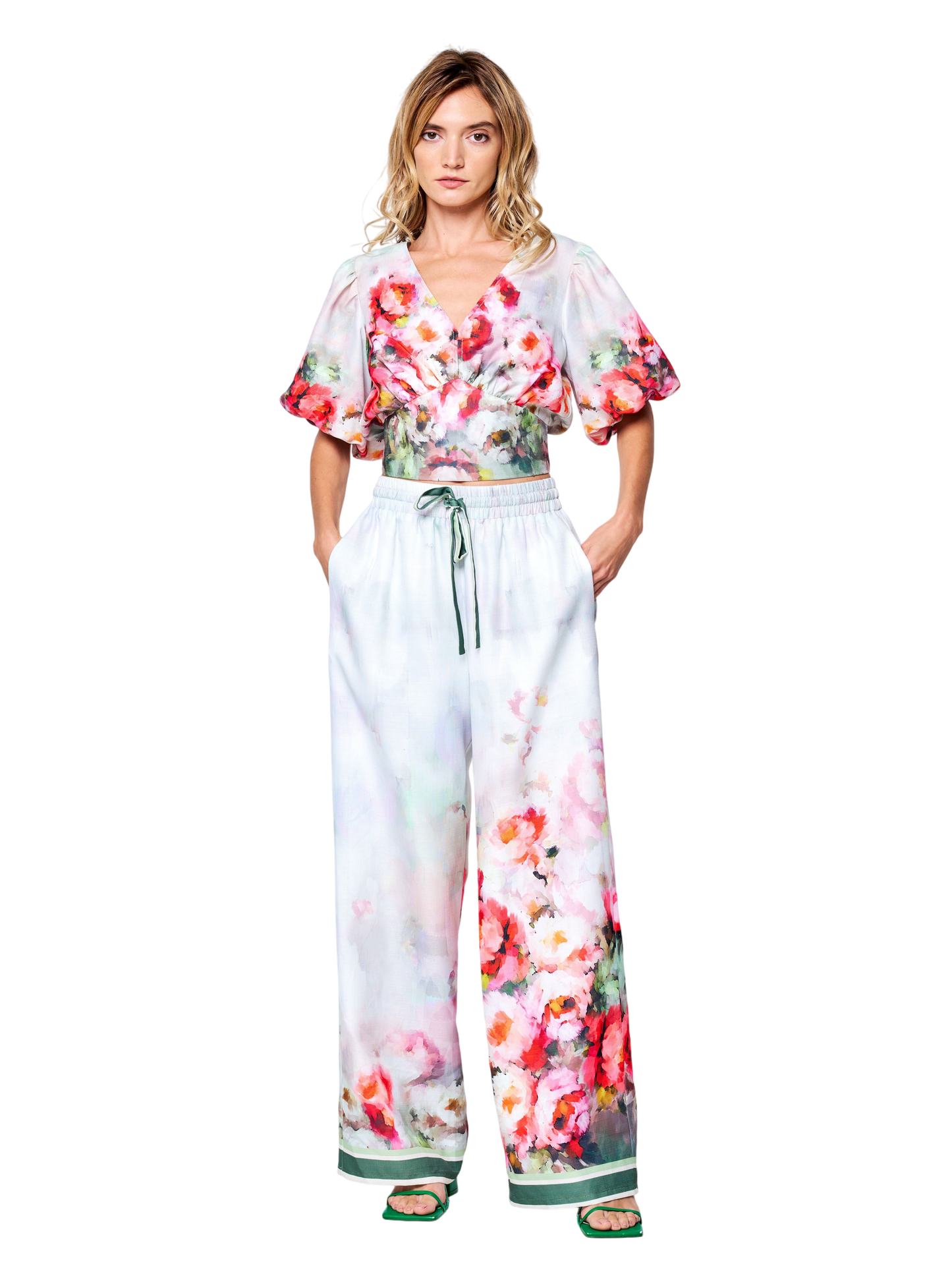 Azra Floral Print Drawstring Wide Leg Pants