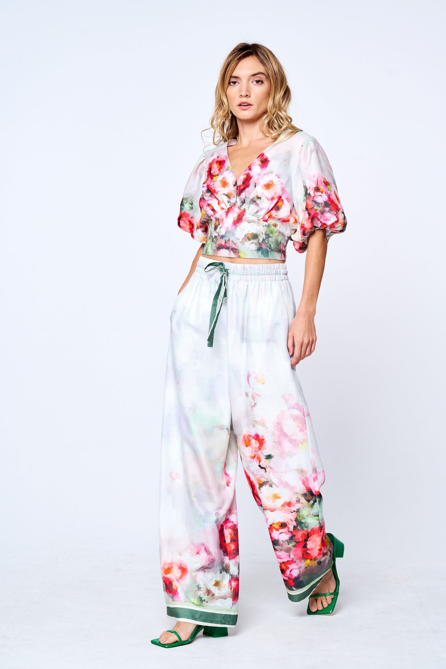 Azra Floral Print Drawstring Wide Leg Pants