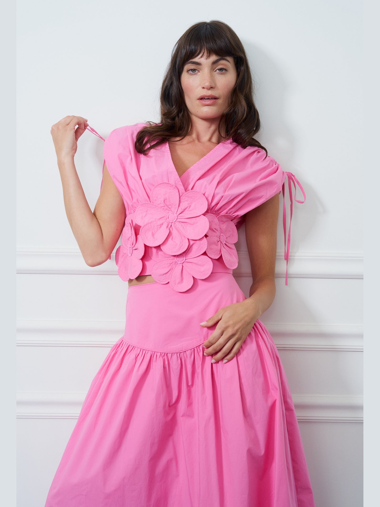 Dielle 3D Floral Ruched Drawstring Top