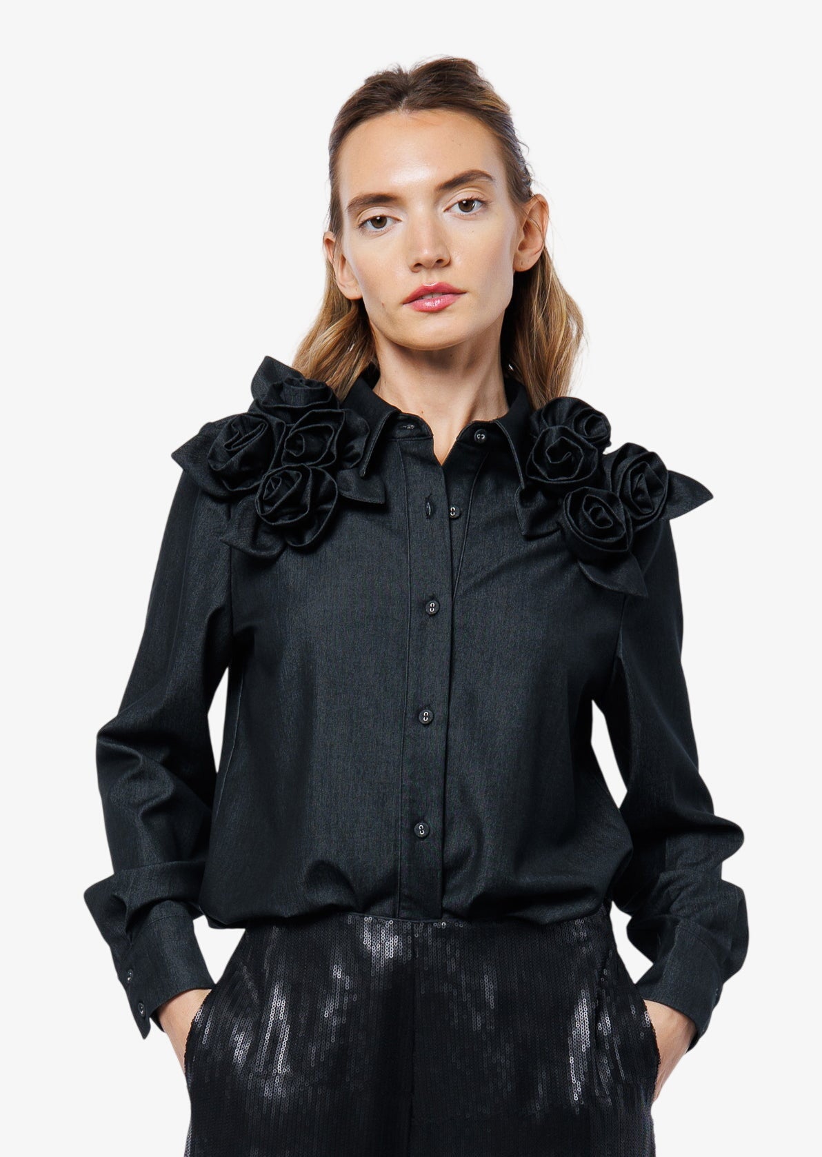 Ivan Rosette Detail Denim Button-Up Top