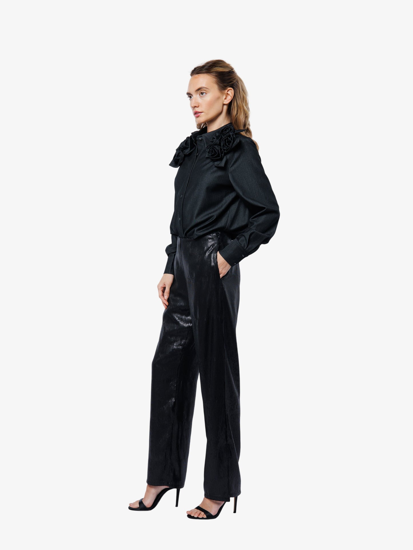 Ivan Rosette Detail Denim Button-Up Top