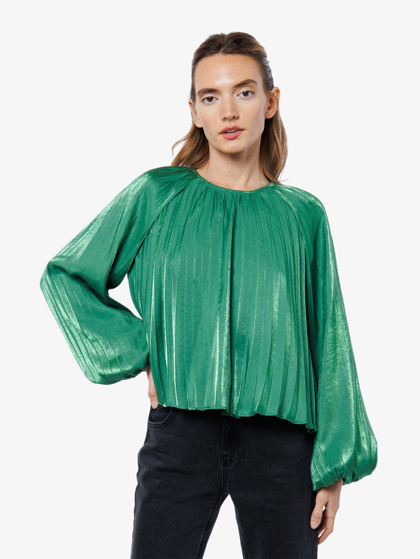 Giulia Pleated Satin Raglan Sleeve Top