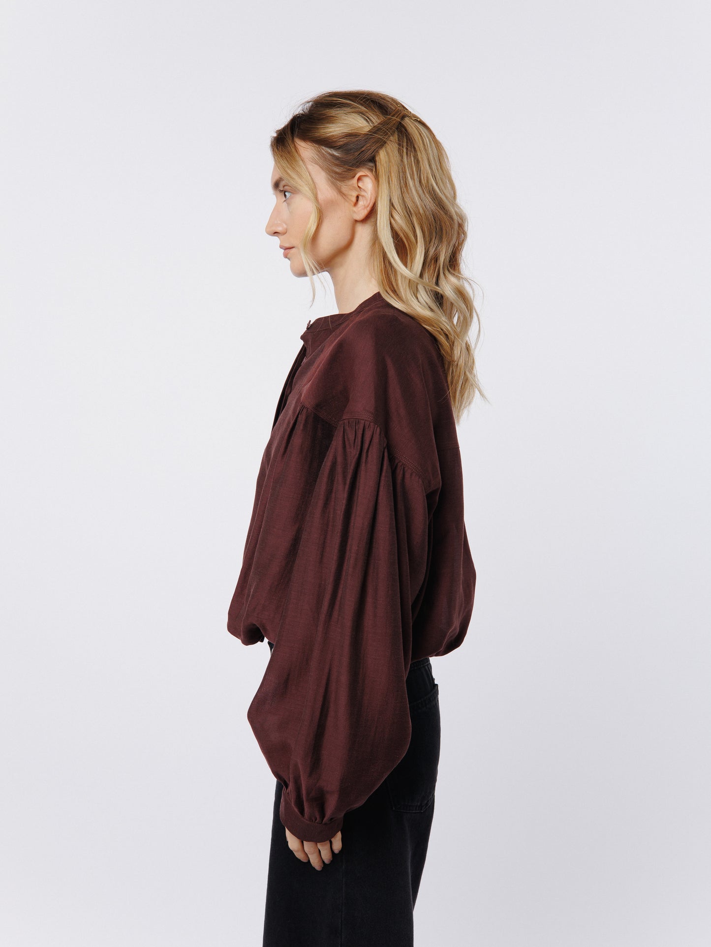 Doe Henley Bubble Hem Puff Sleeve Top