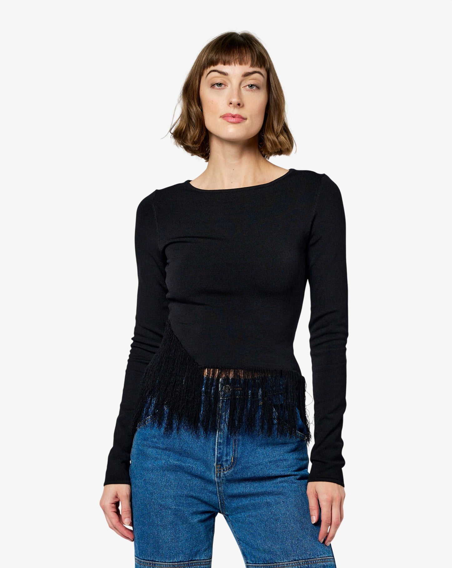 Luna Knit Long Sleeve Fringe Top