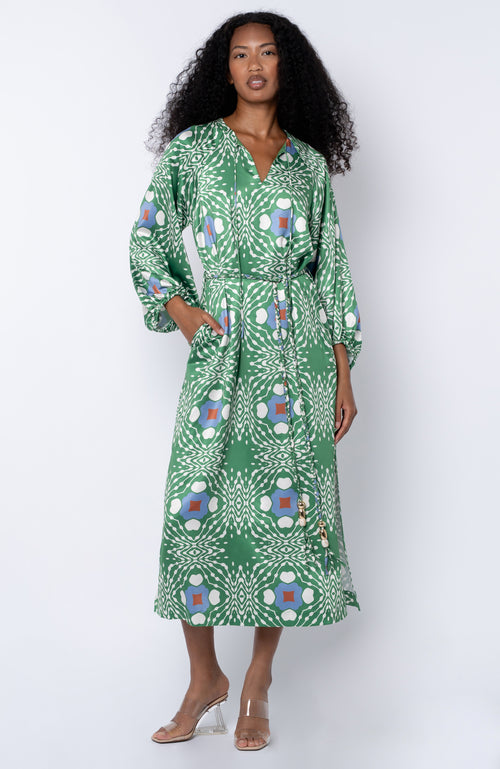 Load image 1 in gallery view. Jardin Abstract Print Long Sleeve Satin Dress