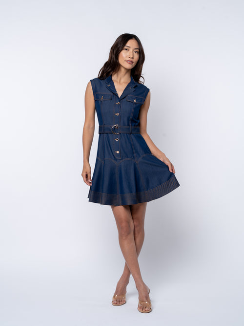 Cargar la imagen 1 en la vista de la galería. Vita Belted Sleeveless Denim Mini Dress