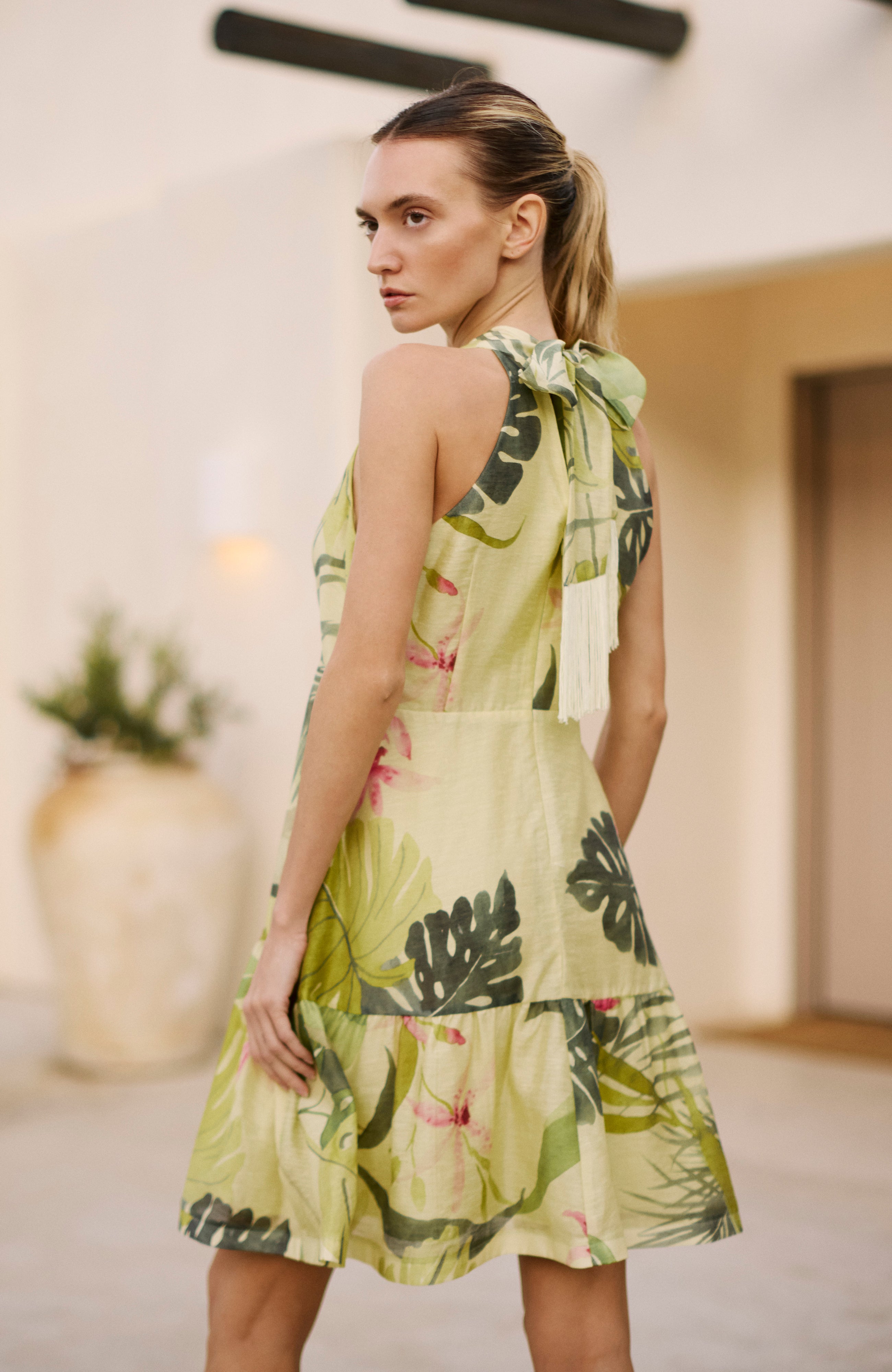 Esther Tropical Print Halter Mini Dress