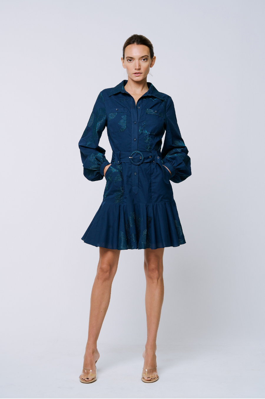 Ina Embroidered Long Sleeve Shirt Dress