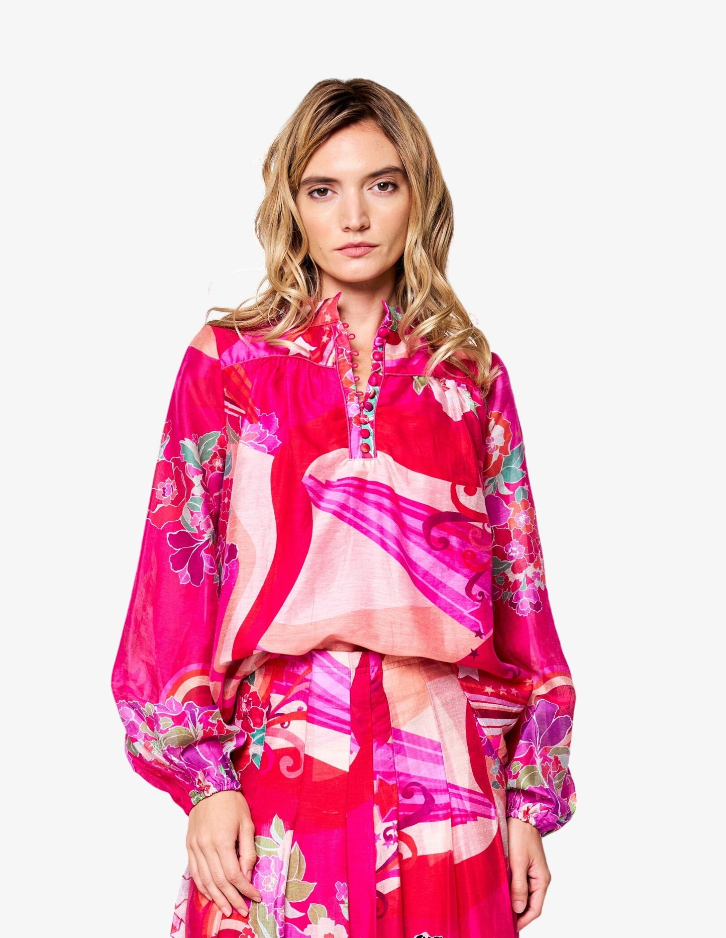 Fatimah Floral Print Mandarin Collar Long Sleeve Top