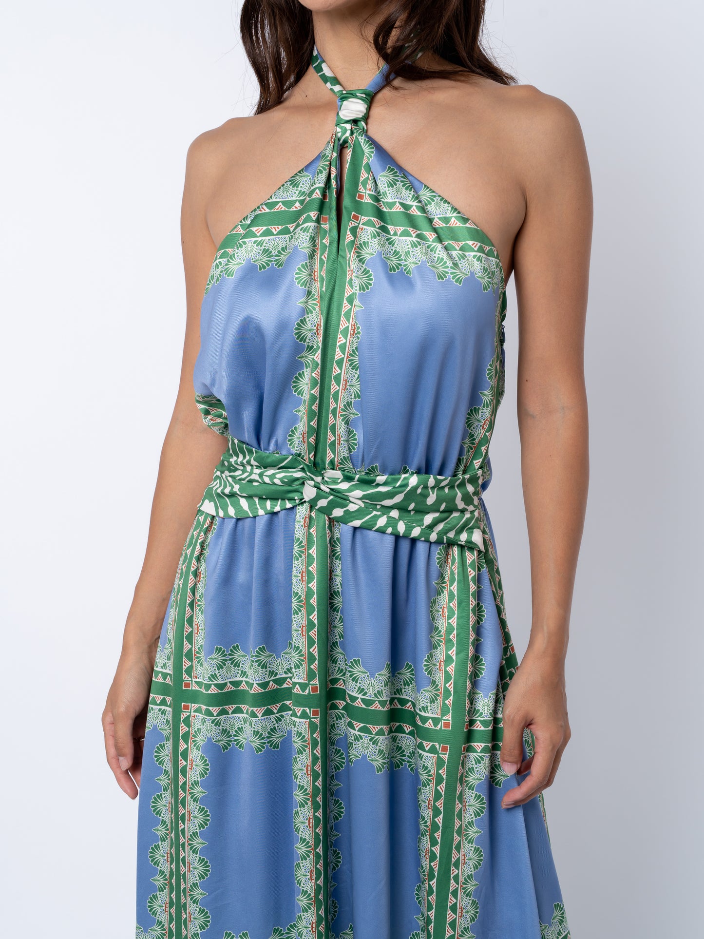 Leche Grid Print Halter	Neck Maxi Dress