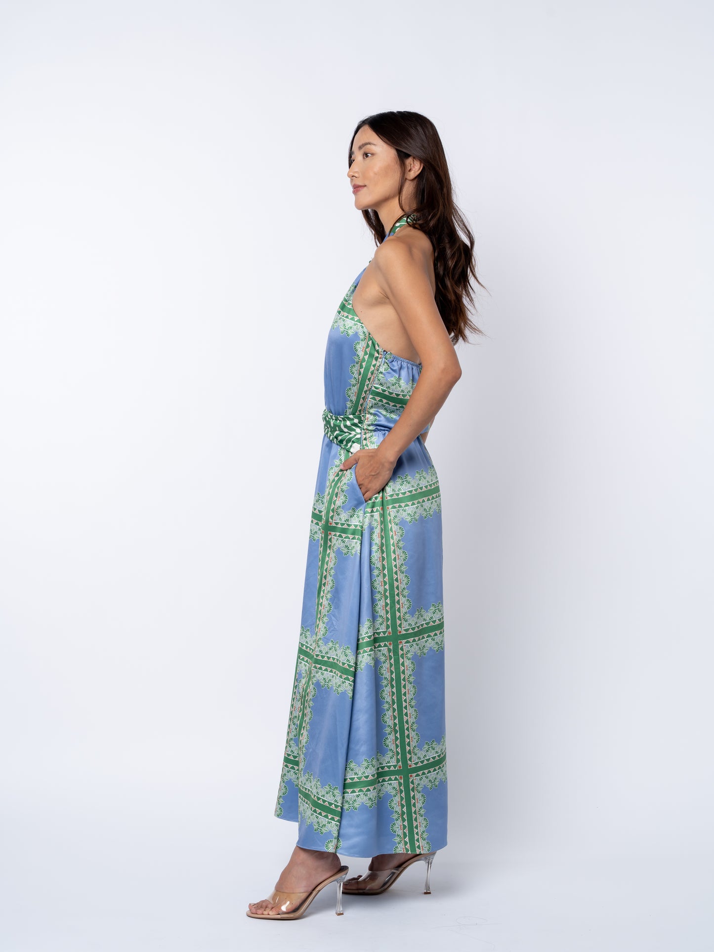 Leche Grid Print Halter	Neck Maxi Dress