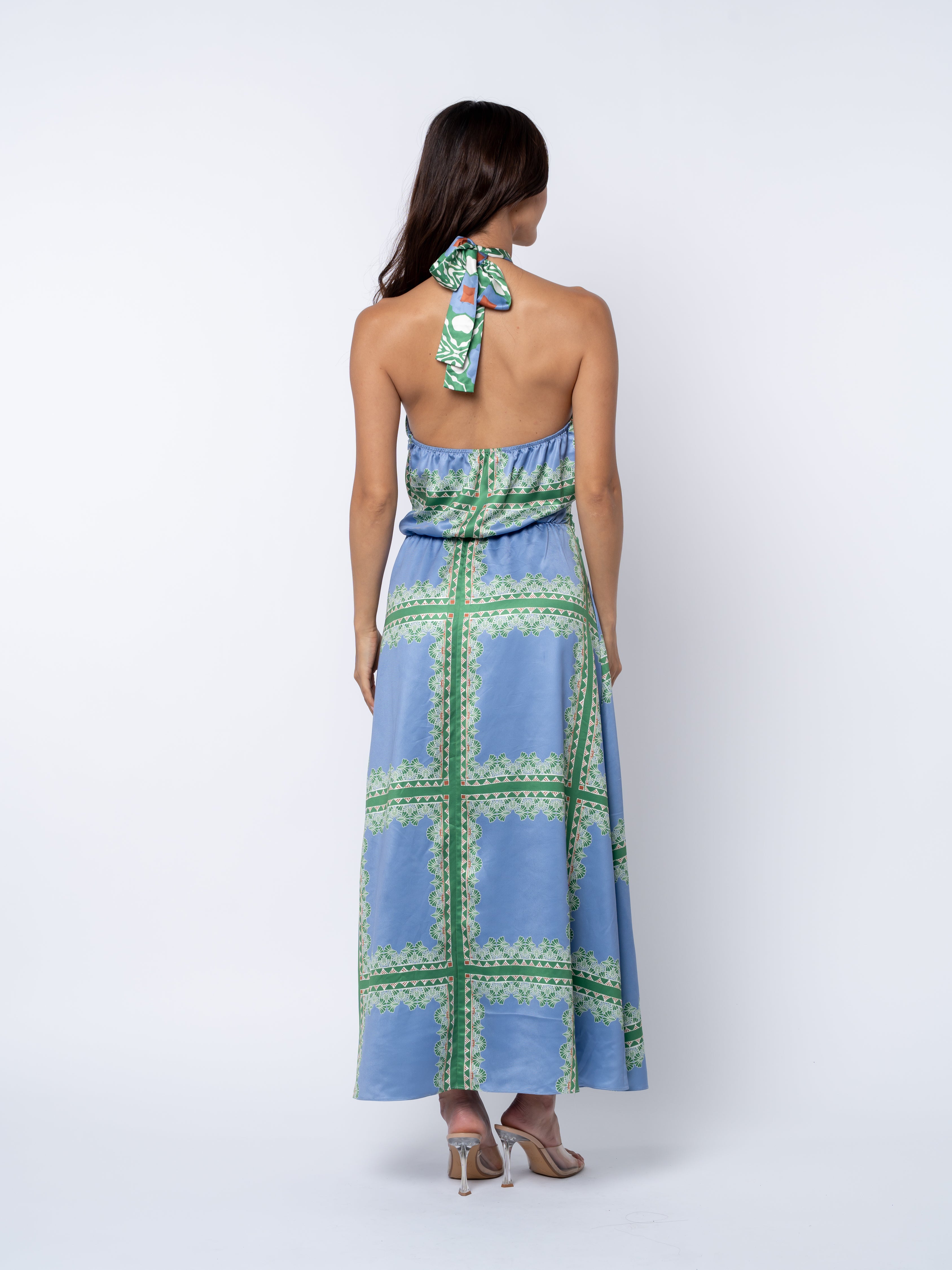 Leche Grid Print Halter	Neck Maxi Dress