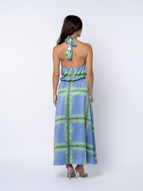 Load image 1 in gallery view. Leche Grid Print Halter	Neck Maxi Dress