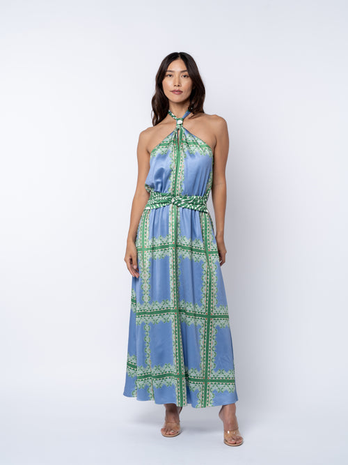 Load image 1 in gallery view. Leche Grid Print Halter	Neck Maxi Dress