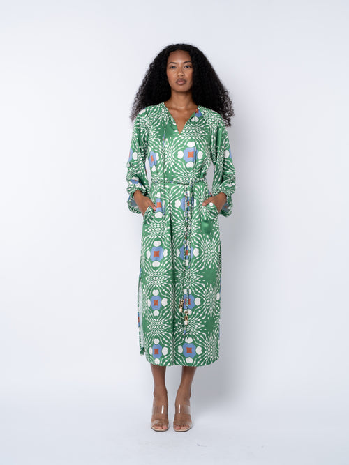 Load image 1 in gallery view. Jardin Abstract Print Long Sleeve Satin Dress