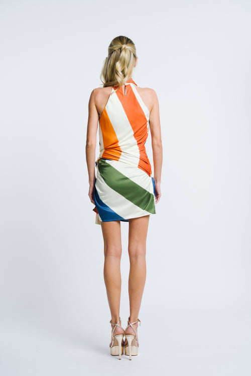 Load image 1 in gallery view. Jazzlyn Striped Satin Halter Neck Mini Dress