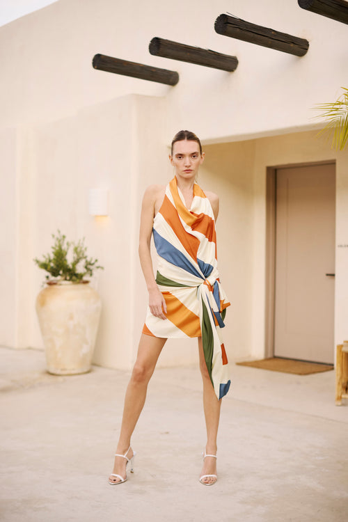 Load image 1 in gallery view. Jazzlyn Striped Satin Halter Neck Mini Dress