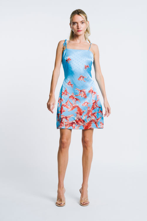 Load image 1 in gallery view. Franco Goldfish Print Satin Mini Dress